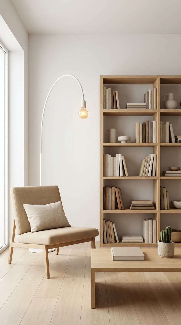 Minimalist Cozy Reading Chair With Floor Lamp and Bookshelves