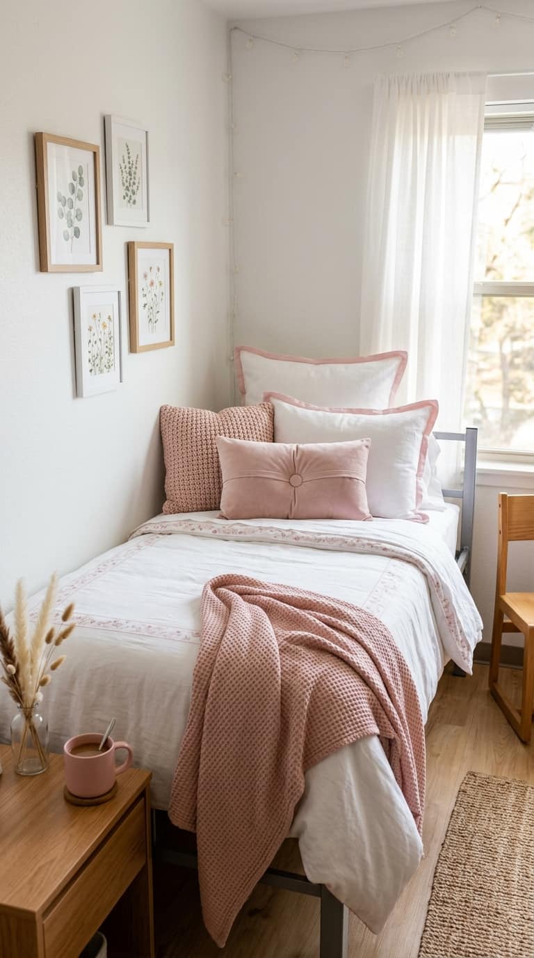 Pink and White Cute Dorm Bedding Ideas